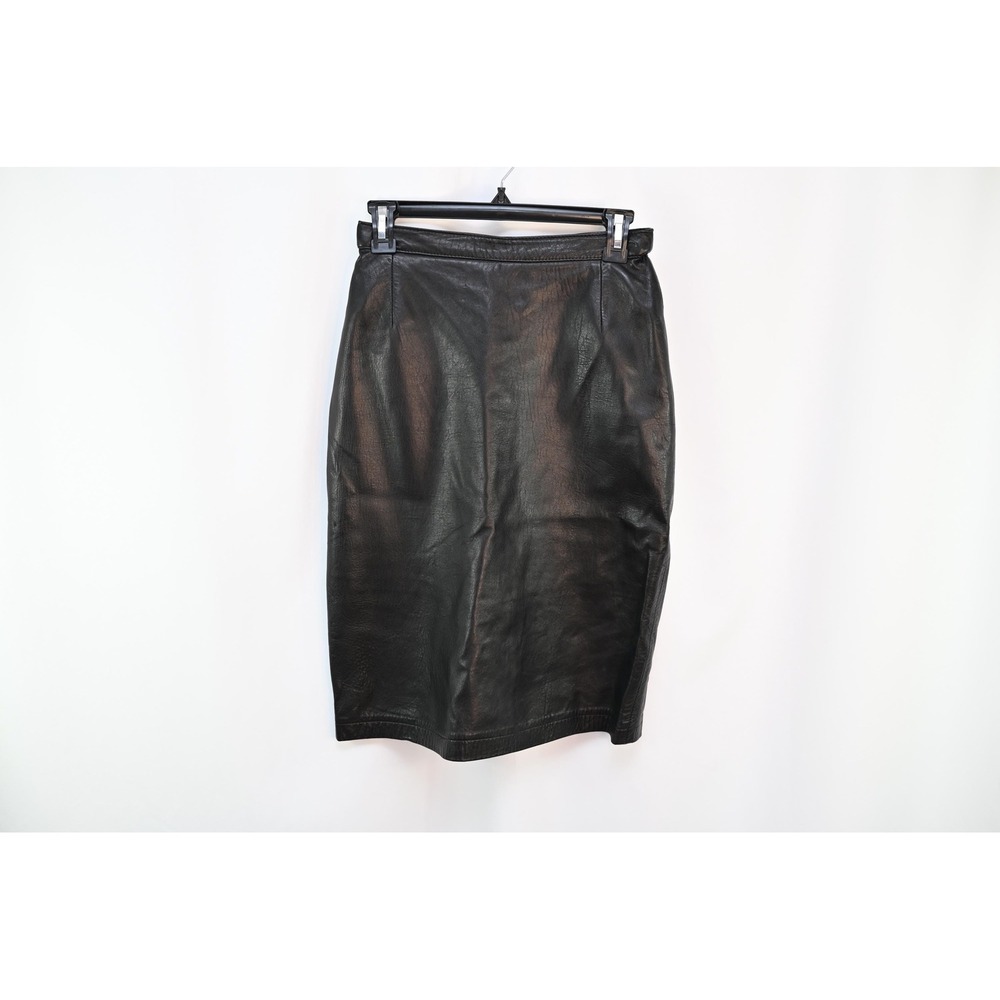 Georgetown Leather Design Vintage Black Leather Pencil Skirt Slit Womens Size 2